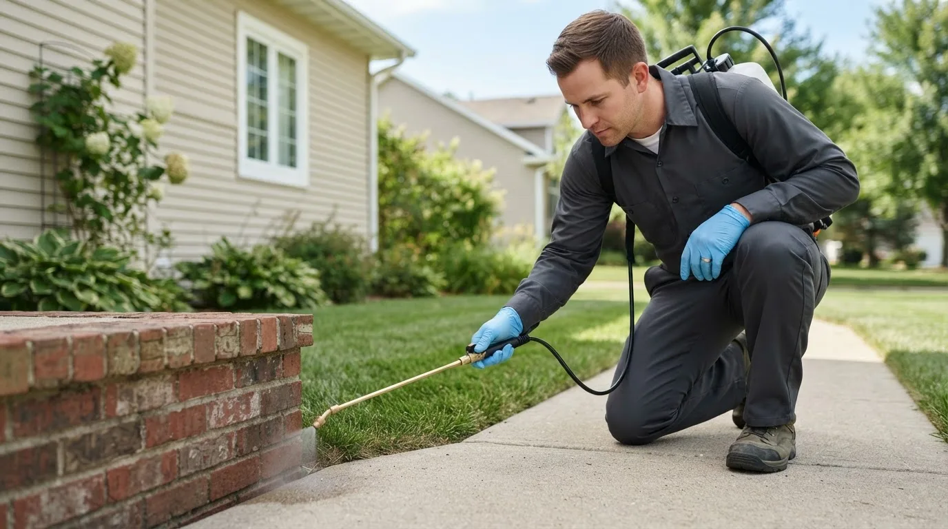 Pest control technician treating a home near Athelstane, WI