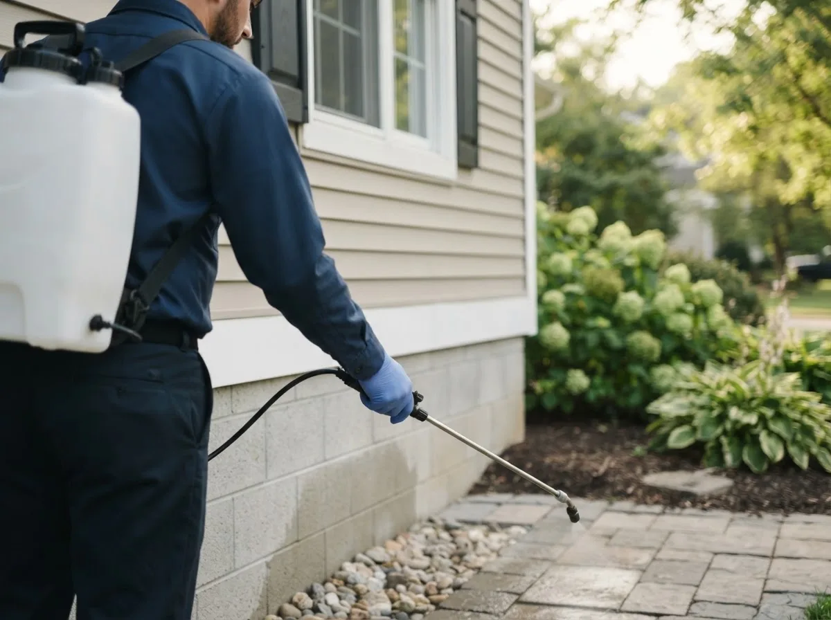 Pest control technician inspecting a home in Athelstane, WI